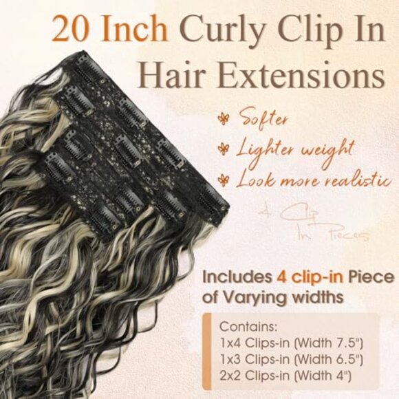 Curly Clip in Hair Extensions,4PCS 20 Inch 100％ Pure Protein Silk Hair Extension